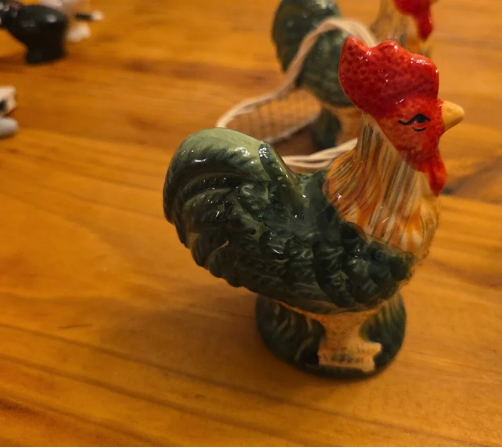 Ceramic Rooster Salt and Pepper Shaker Set - Red and Green In A Basket